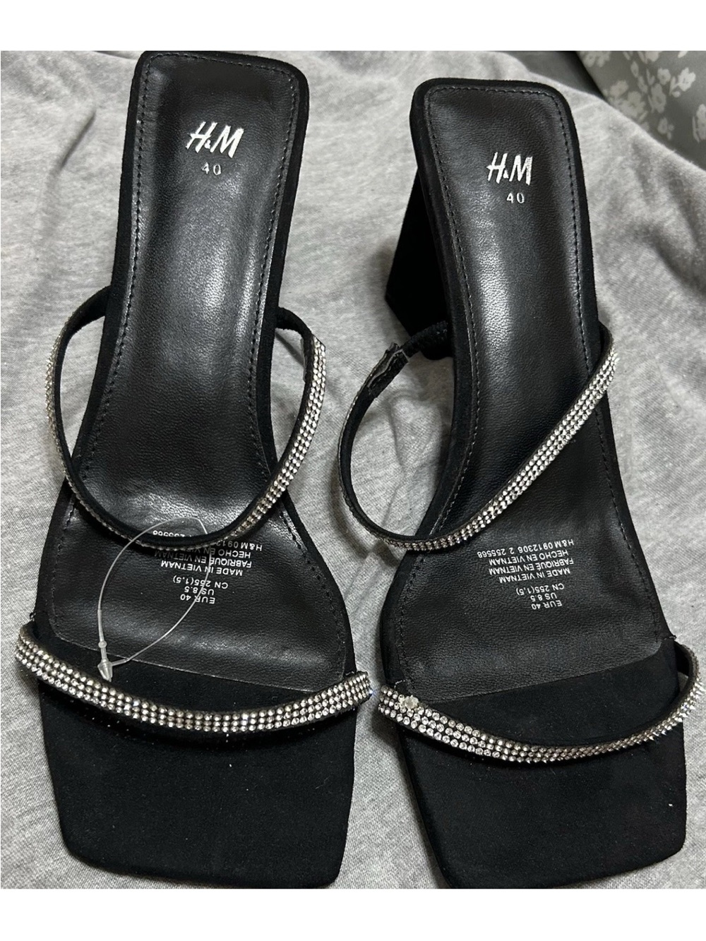 H&M Black Rhinestone-Strap Square Toe Heels